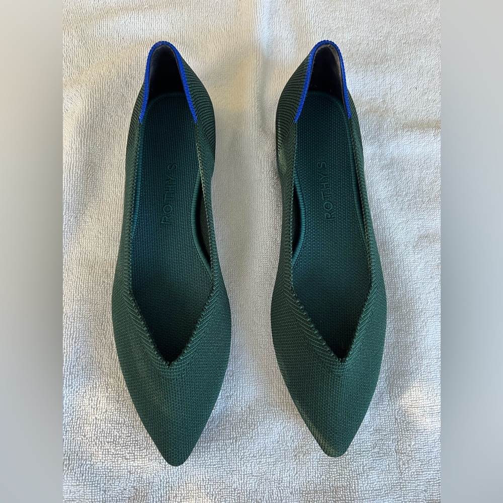 Rothy's Forest Green Flats with Blue Trim